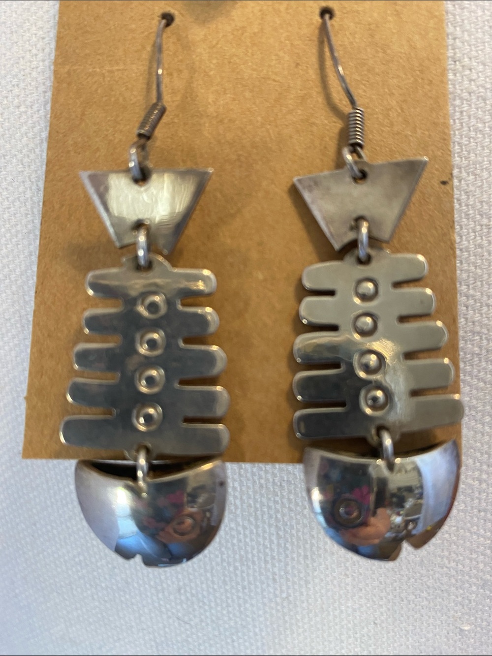 Vintage Taxco Silver 925 Mexican Fish Bone Scale Dangle Pierced Earrings